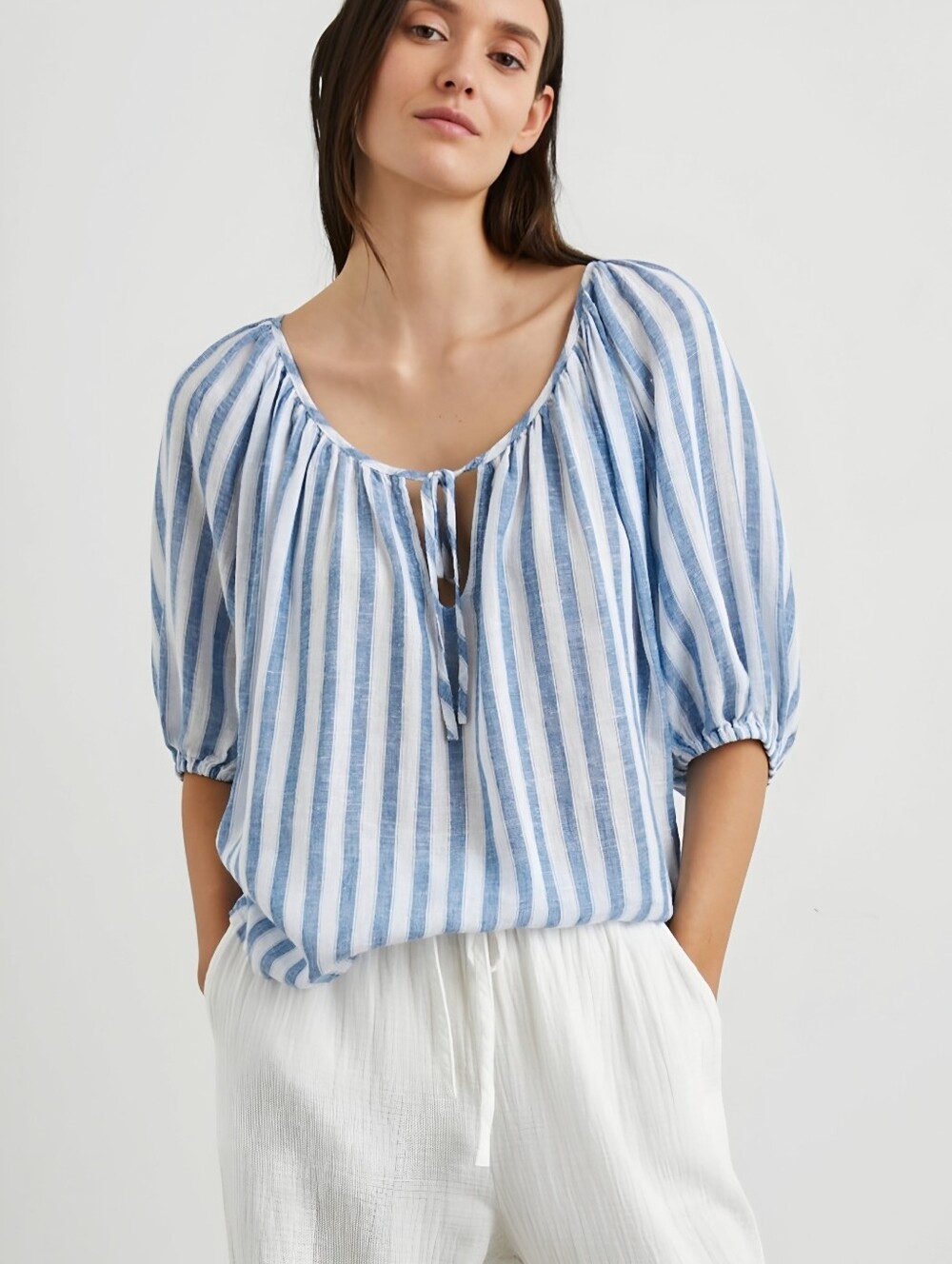 Rails Linen Blend Blue White Striped Kirstie Top, M